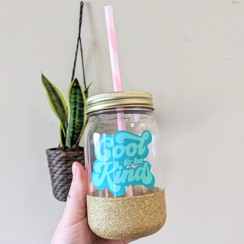 Cool to be Kind Gold Glitter Dipped Mason Jar